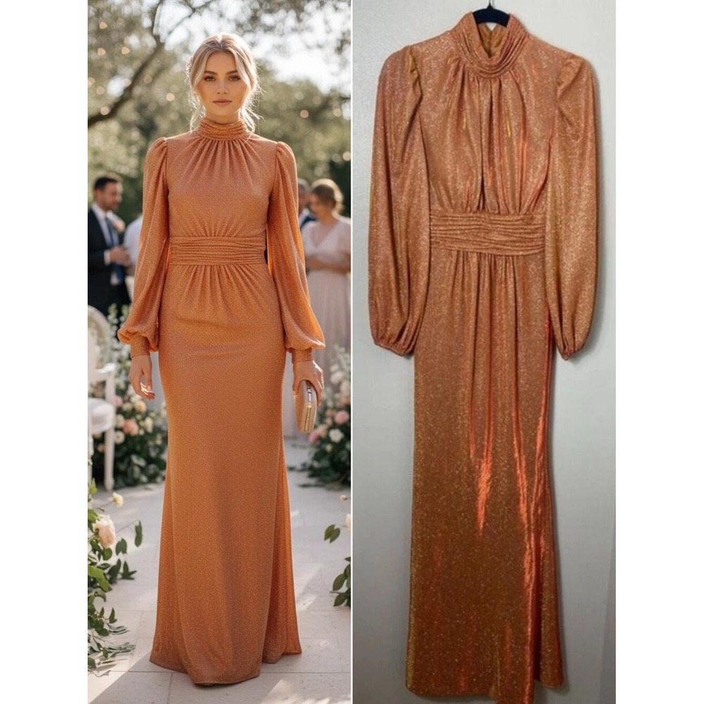 Mac Duggal Dress 2 Orange Gold Shimmer High Neck Long Mother of the Bride Gown